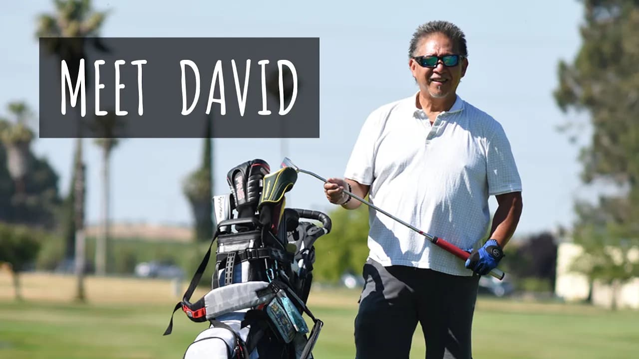 Man in white polo shirt and sunglasses holding golf club on golf course with bag of clubs beside him, text overlay reads “Meet David”.