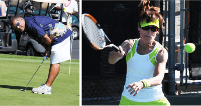 Two photos side by side: a golfer swinging a club on a green, and a woman hitting a tennis ball.