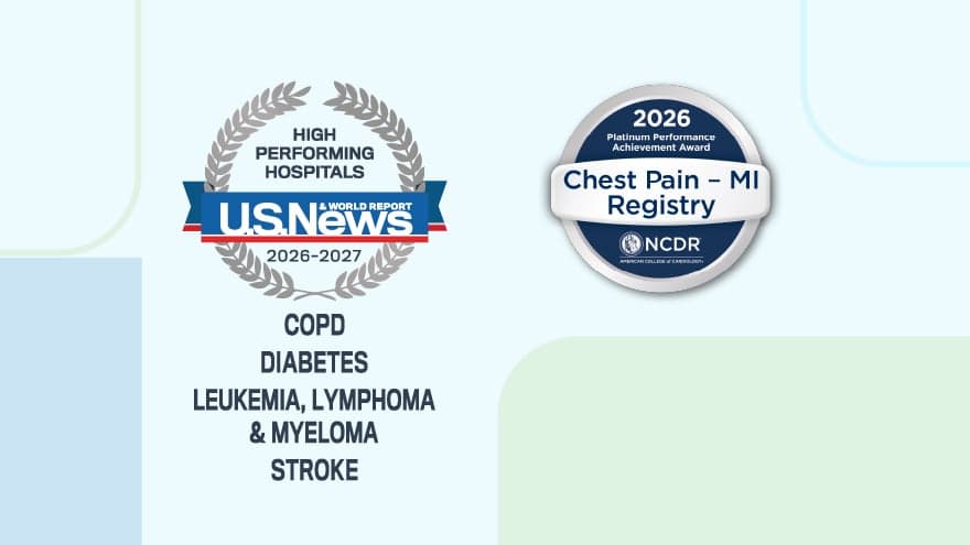 Badges for U.S. News High Performing Hospital and NCDR Chest Pain MI Registry Awards