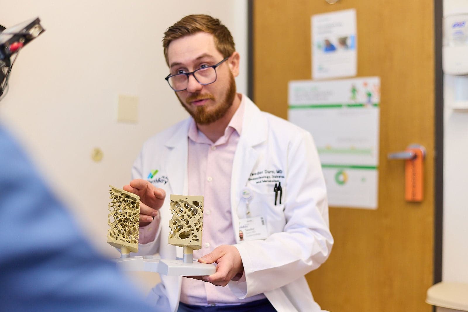 An endocrinologist shows a patient a medical diagram.