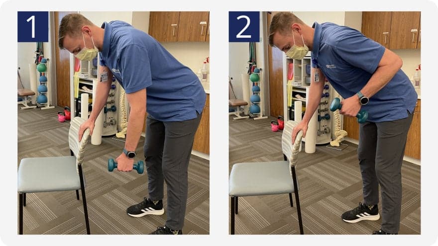 2 step instruction showing the bent over row exercise.