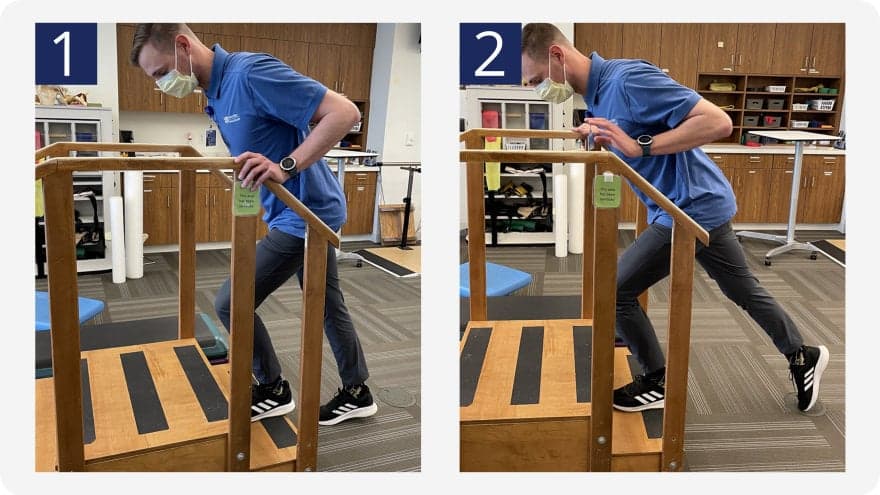 2 step instruction showing the stair step back exercise.